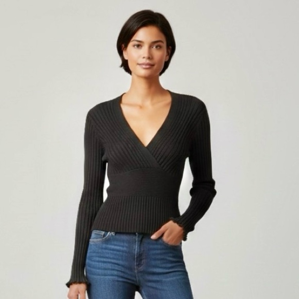 CAbi Black Ribbed Knit Silk Blend Sweater Size L